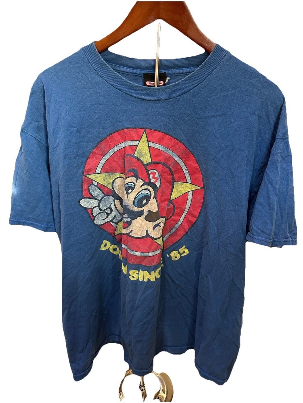 Nintendo Mario Shirt XL Blue Graphic Tee Retro Gaming 2007 Distressed